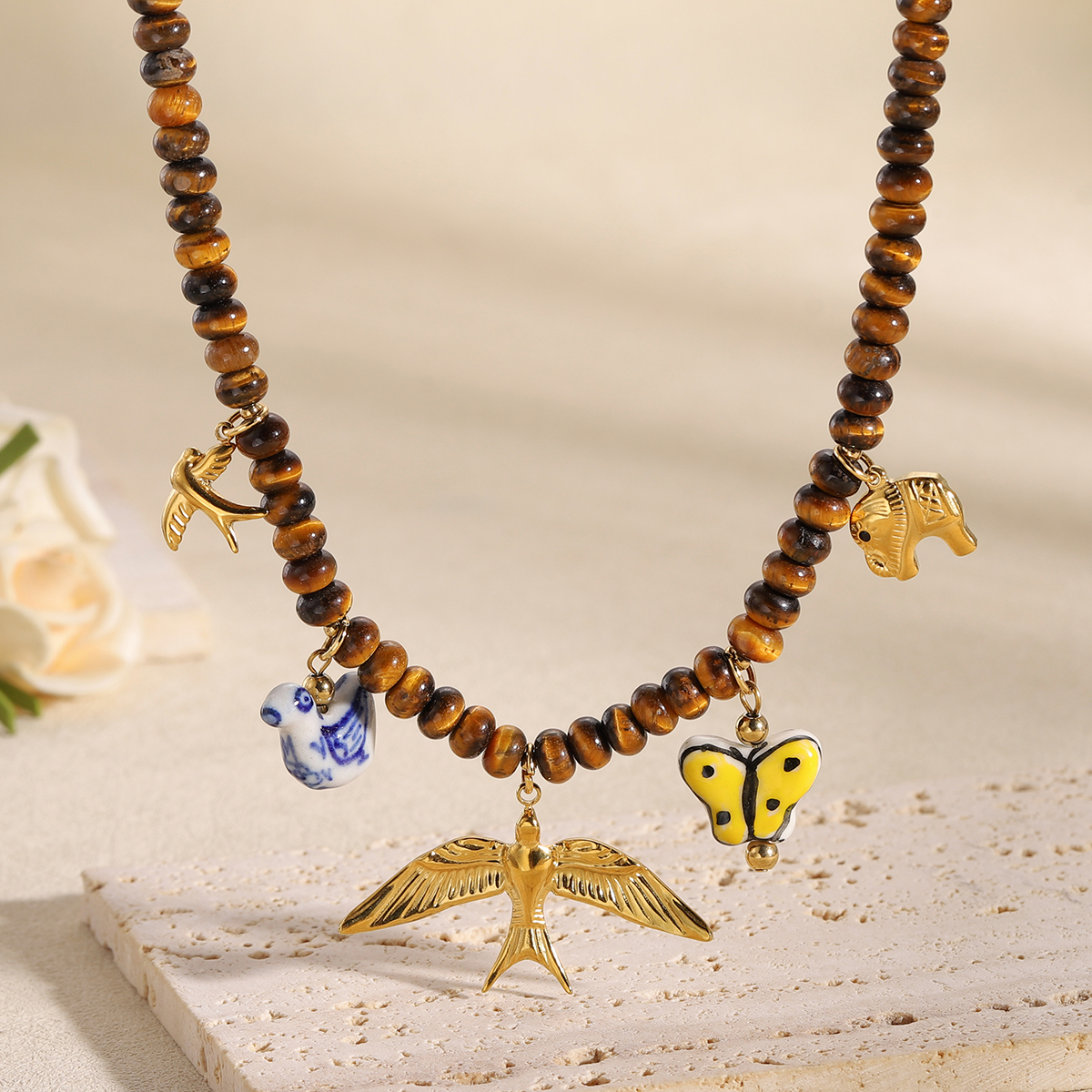 Butterfly Clasp Deployant - Vintage Multi Animal Charm Tiger Eye