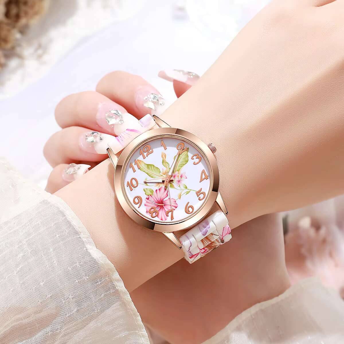 2PCS Fashion Flower Printed Wo - مراجعة Silicone Band Women وسعره