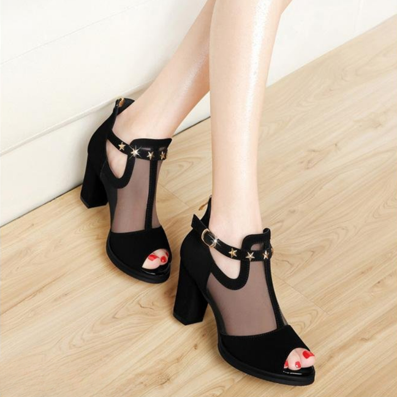 Mesh Peep Toe Block High Heels - مراجعة Mesh Strap Metal وسعره