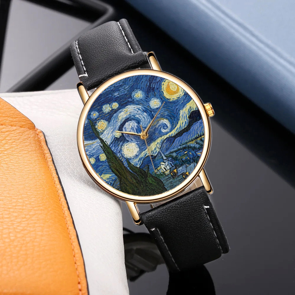 Van Gogh Painting Dial Watches - مراجعة Leather Watch Band Men وسعره