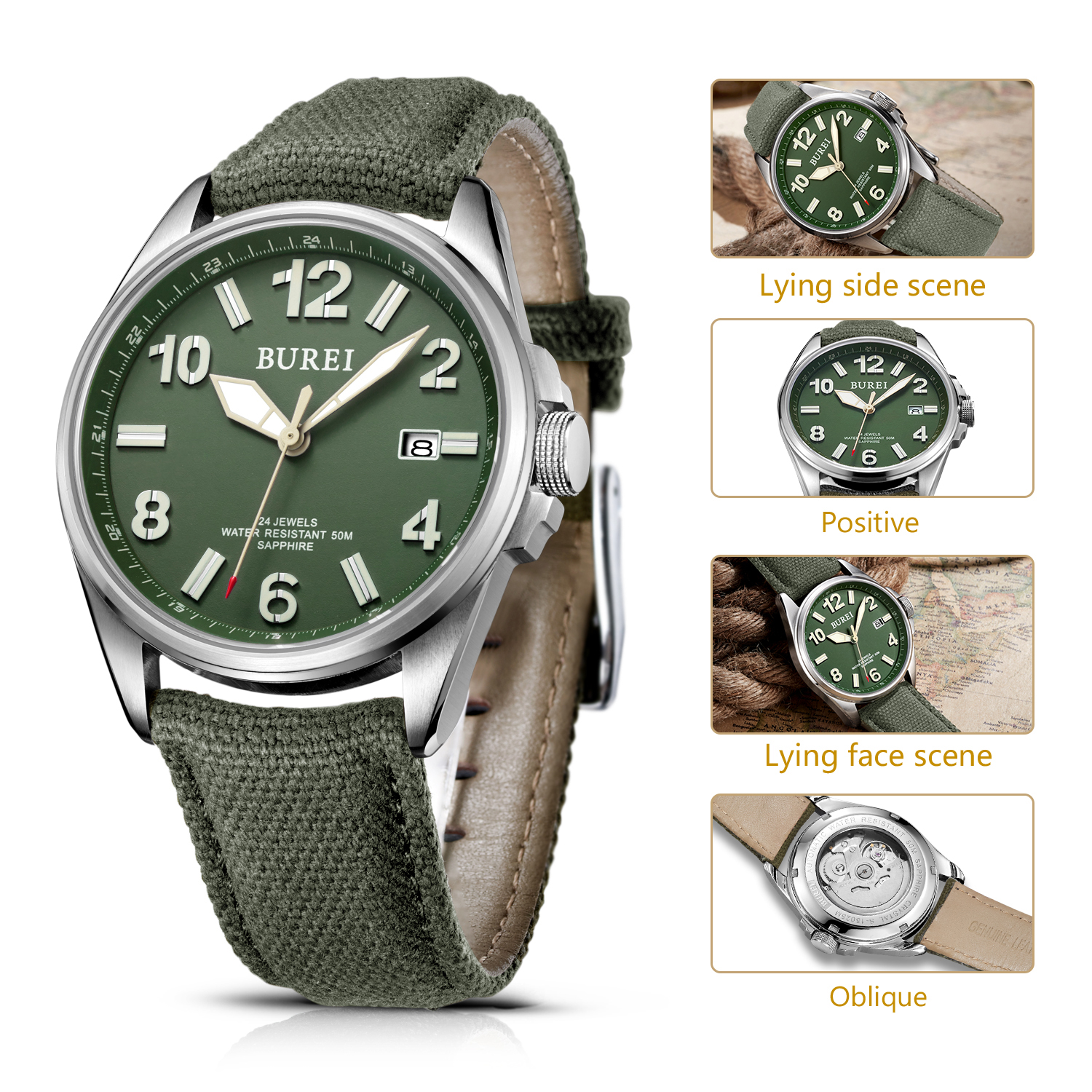 NH35 BUREI Luxury Brand Men Au - مراجعة Canvas Strap Watch وسعره